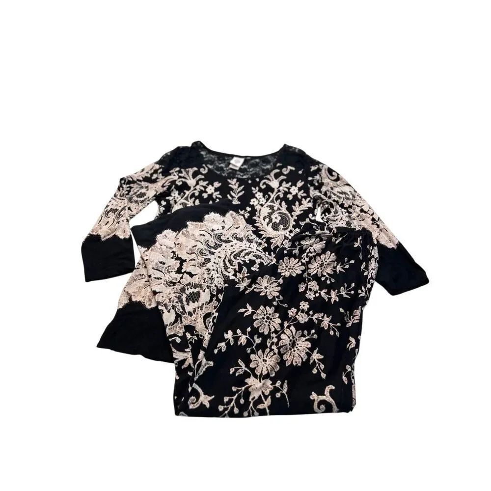 In Bloom by Jonquil Womens Lace Trim Pajama Top and Bottom Set Black Cream Small